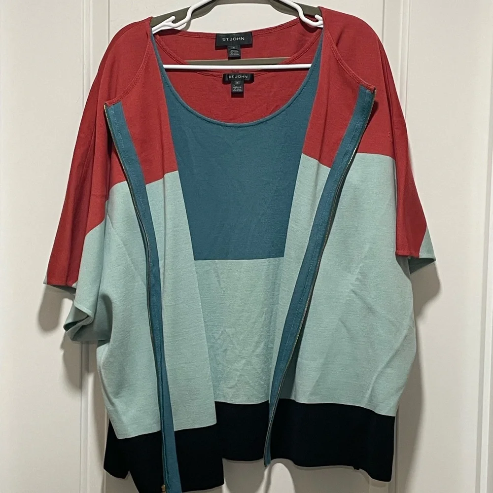 ST JOHN XL Mint Julep Cinnabar Black Caviar Colorblock Sleeveless Wool Knit Tank - Picture 6 of 15
